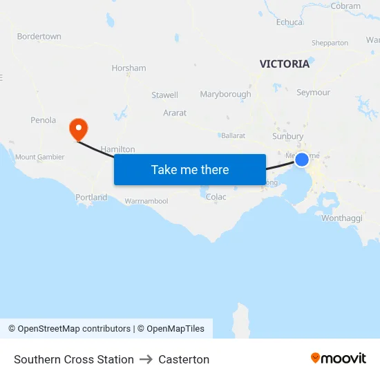 Southern Cross Station to Casterton map
