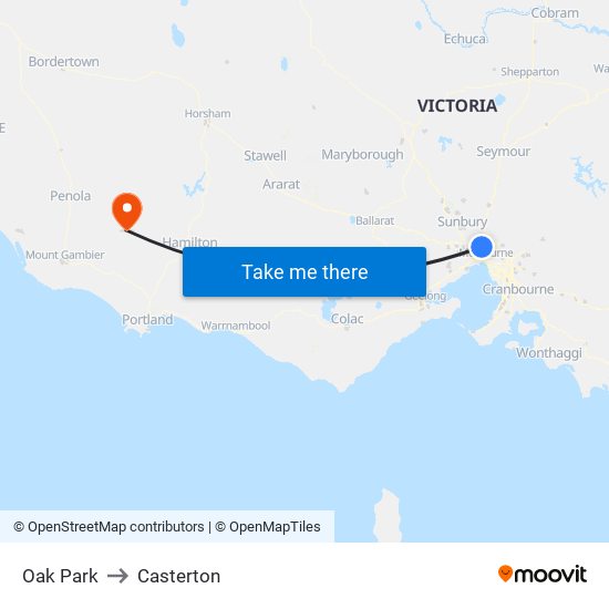 Oak Park to Casterton map