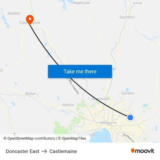 Doncaster East to Castlemaine map