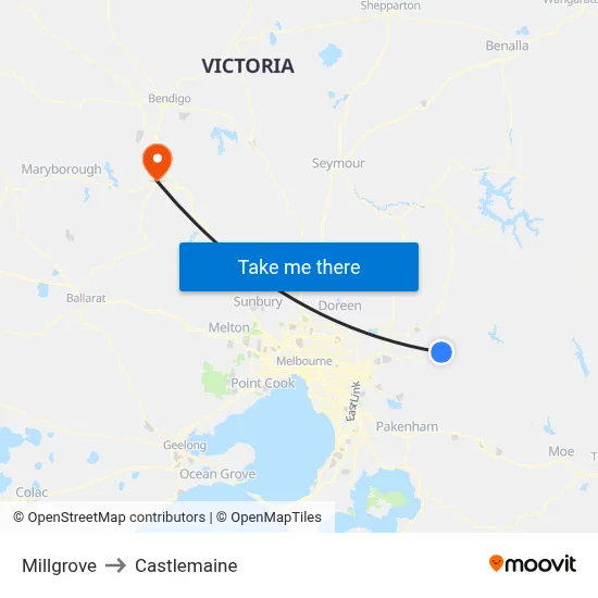 Millgrove to Castlemaine map