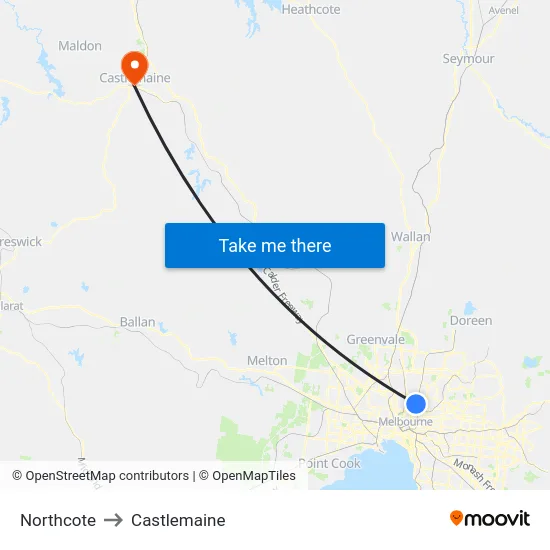 Northcote to Castlemaine map
