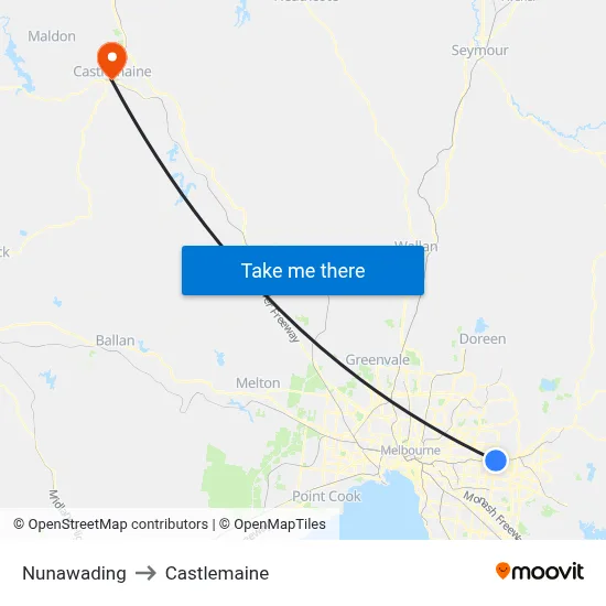 Nunawading to Castlemaine map