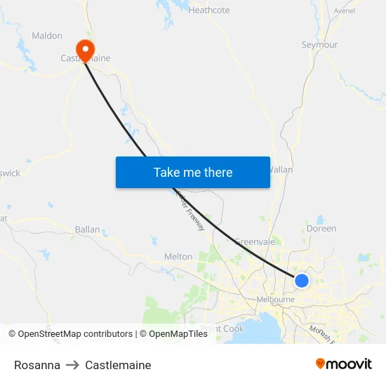 Rosanna to Castlemaine map