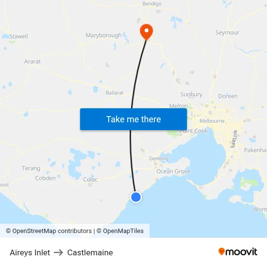 Aireys Inlet to Castlemaine map