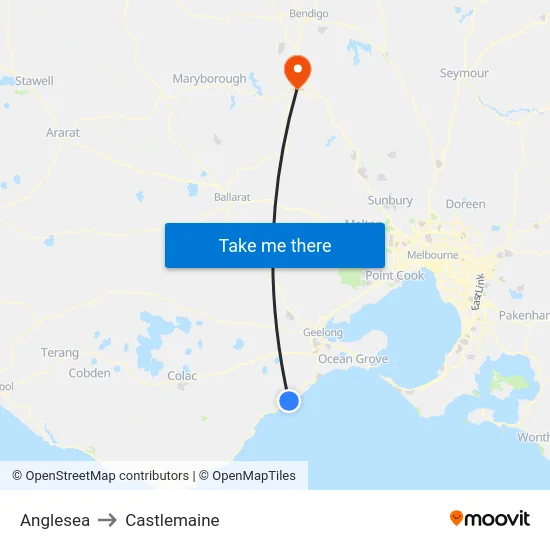 Anglesea to Castlemaine map