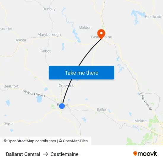 Ballarat Central to Castlemaine map