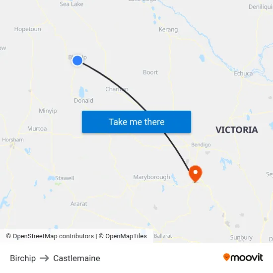 Birchip to Castlemaine map