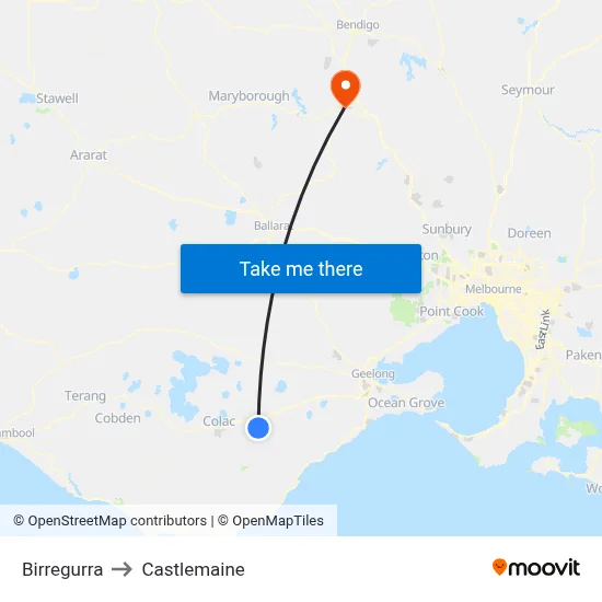 Birregurra to Castlemaine map