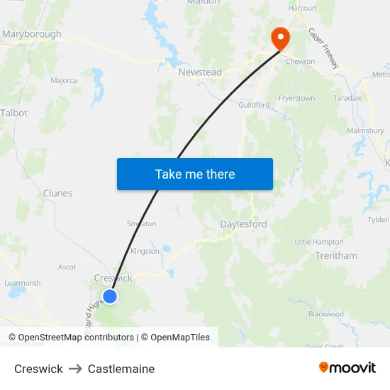 Creswick to Castlemaine map
