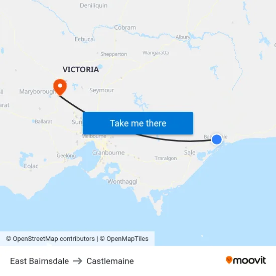East Bairnsdale to Castlemaine map