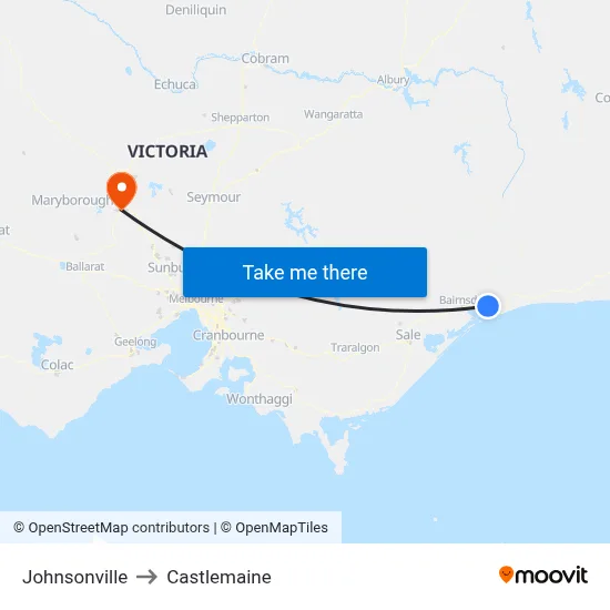 Johnsonville to Castlemaine map