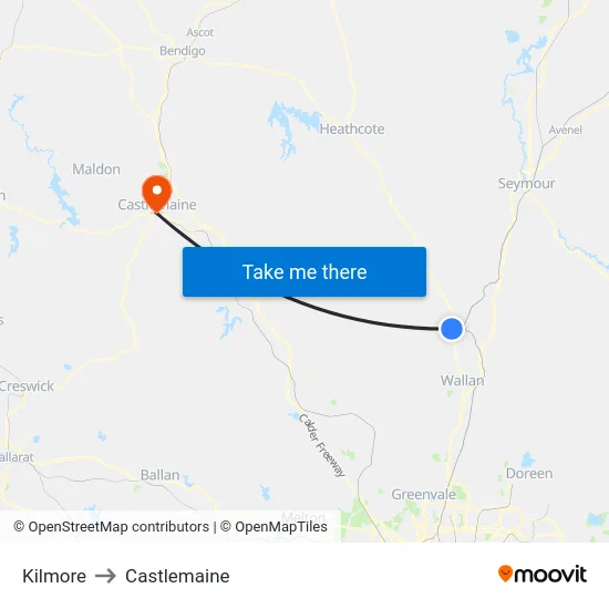 Kilmore to Castlemaine map