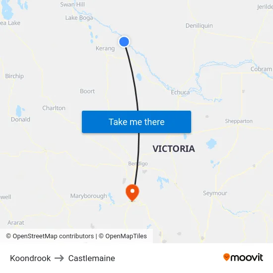 Koondrook to Castlemaine map