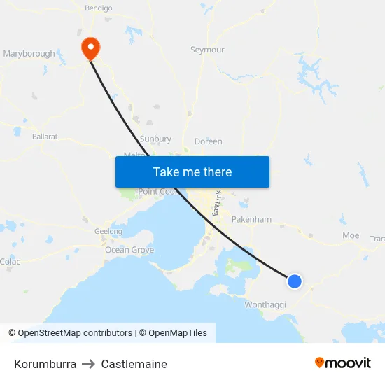 Korumburra to Castlemaine map