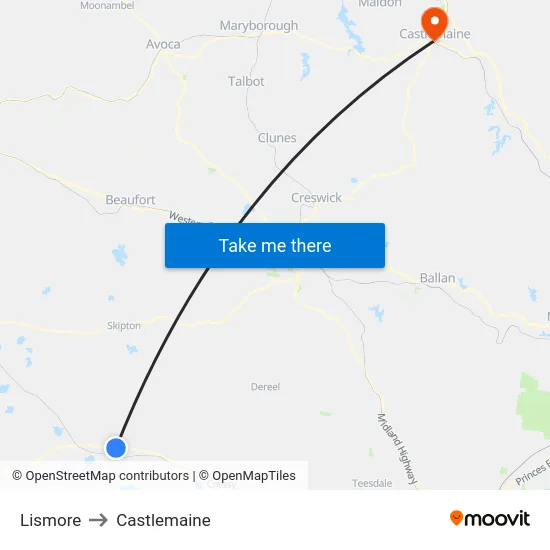 Lismore to Castlemaine map