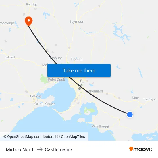 Mirboo North to Castlemaine map