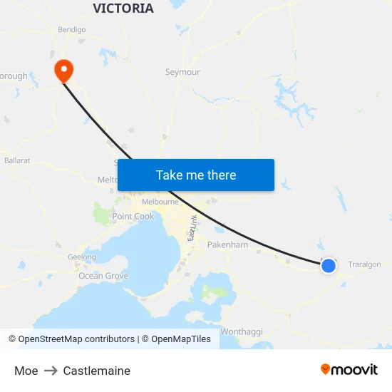 Moe to Castlemaine map