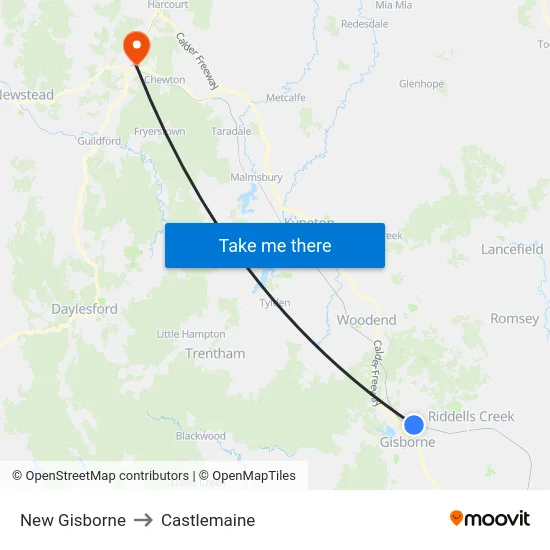 New Gisborne to Castlemaine map