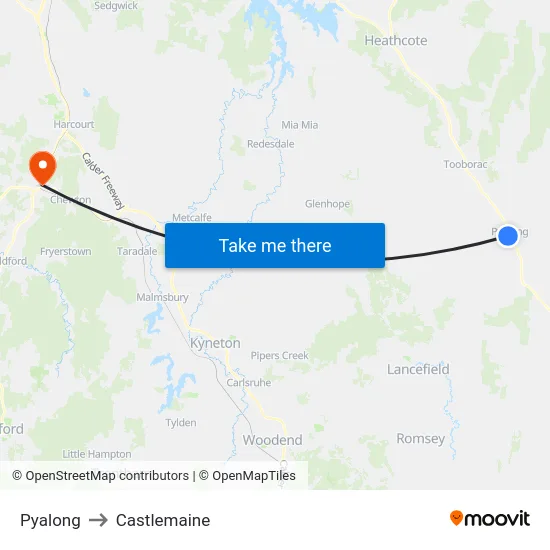 Pyalong to Castlemaine map