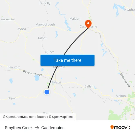 Smythes Creek to Castlemaine map