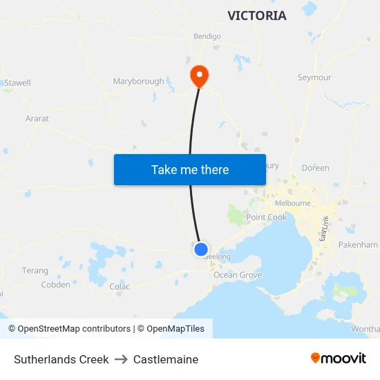 Sutherlands Creek to Castlemaine map