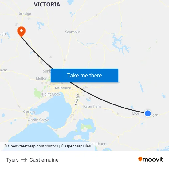 Tyers to Castlemaine map
