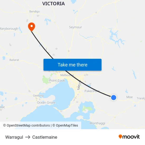 Warragul to Castlemaine map