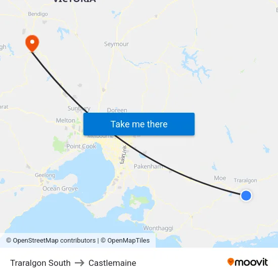 Traralgon South to Castlemaine map