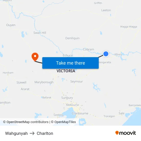 Wahgunyah to Charlton map