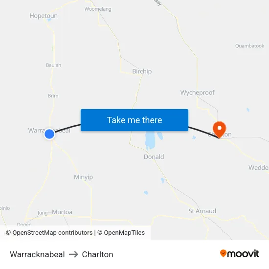 Warracknabeal to Charlton map