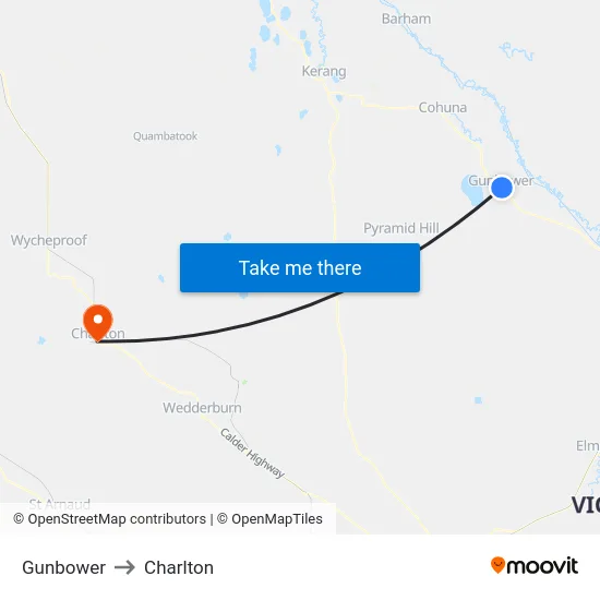 Gunbower to Charlton map