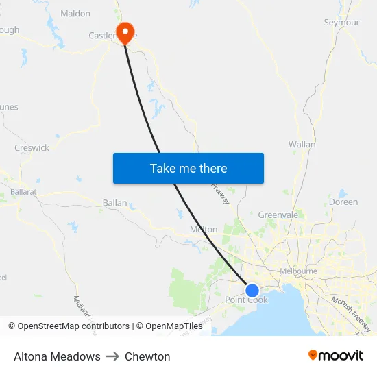 Altona Meadows to Chewton map