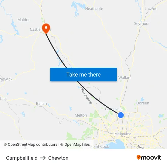 Campbellfield to Chewton map
