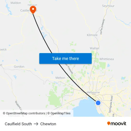 Caulfield South to Chewton map