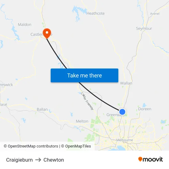 Craigieburn to Chewton map