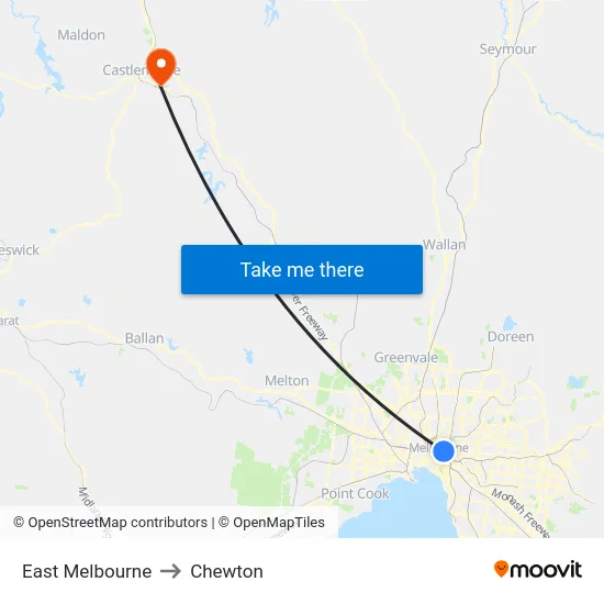 East Melbourne to Chewton map
