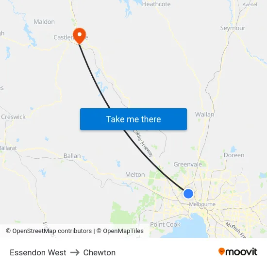 Essendon West to Chewton map