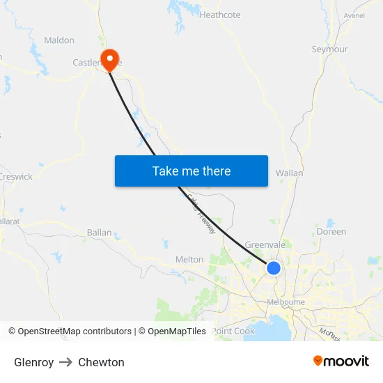 Glenroy to Chewton map