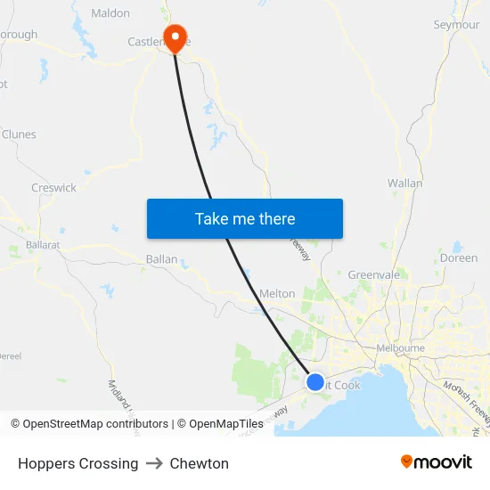 Hoppers Crossing to Chewton map