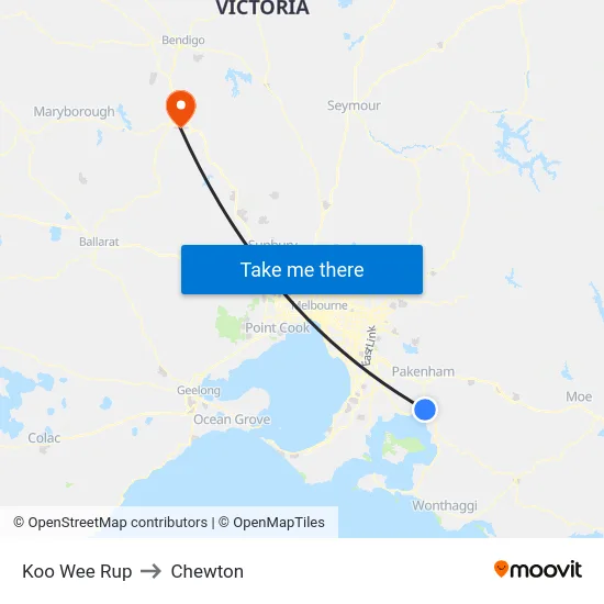 Koo Wee Rup to Chewton map