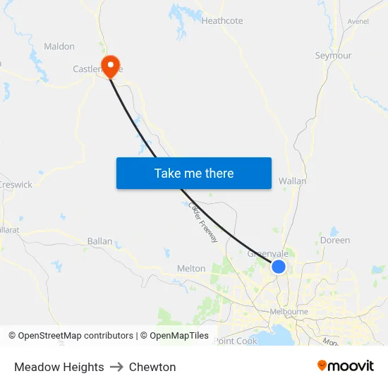 Meadow Heights to Chewton map