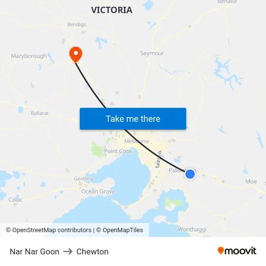 Nar Nar Goon to Chewton map