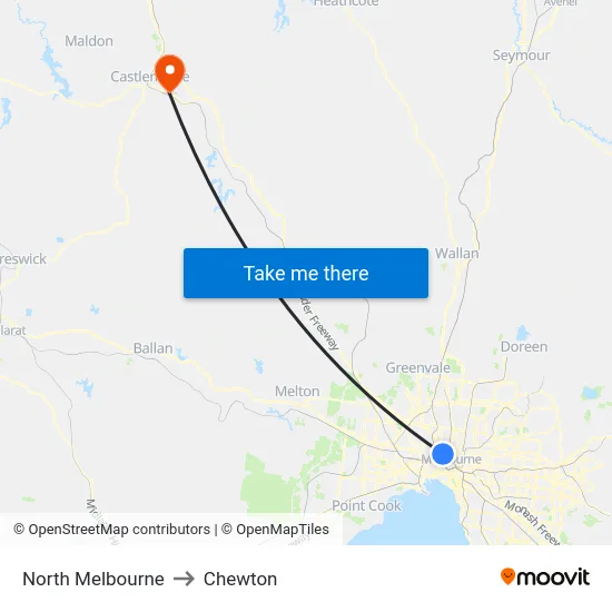 North Melbourne to Chewton map