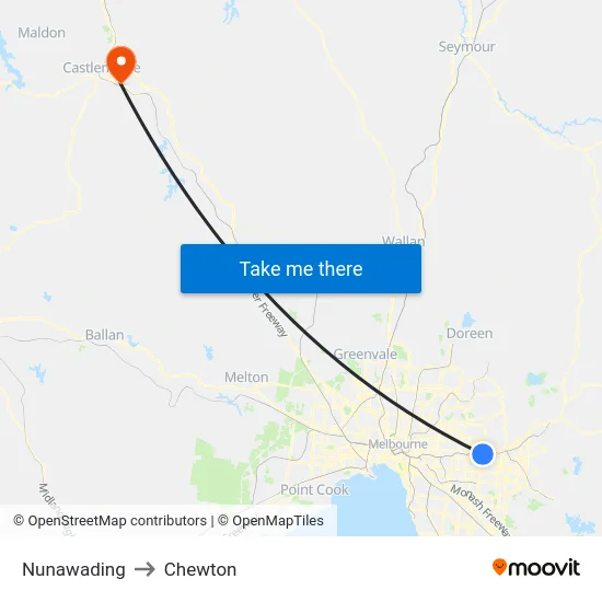 Nunawading to Chewton map