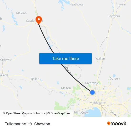 Tullamarine to Chewton map