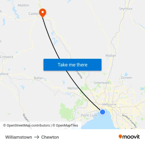 Williamstown to Chewton map