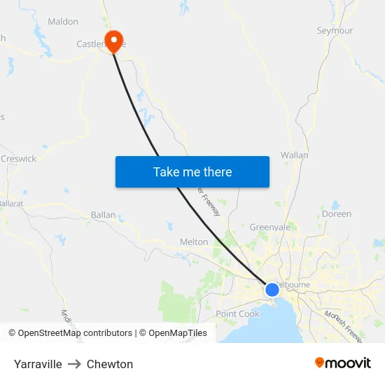Yarraville to Chewton map