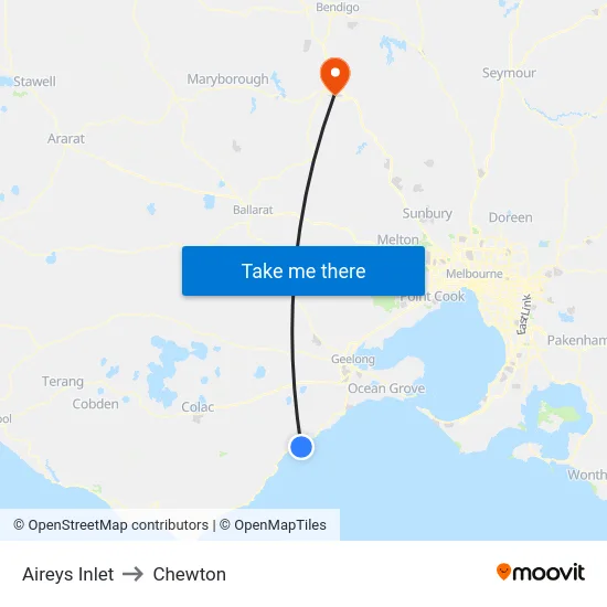 Aireys Inlet to Chewton map