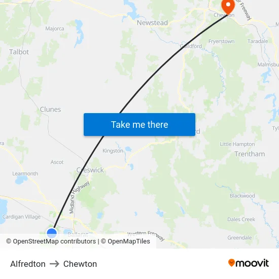 Alfredton to Chewton map