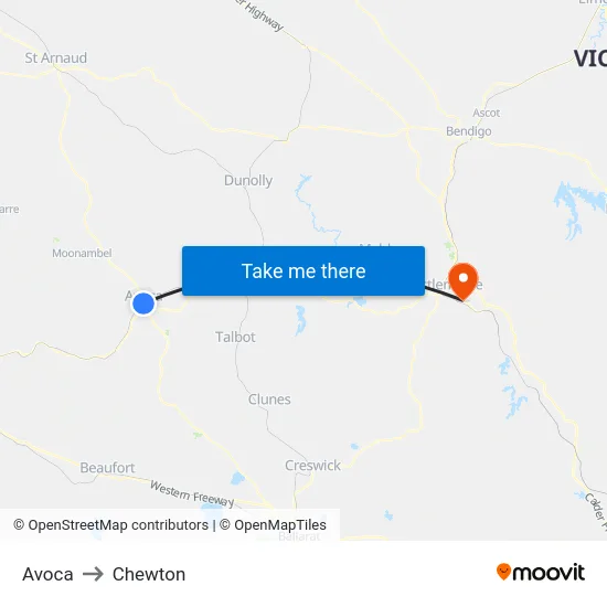 Avoca to Chewton map